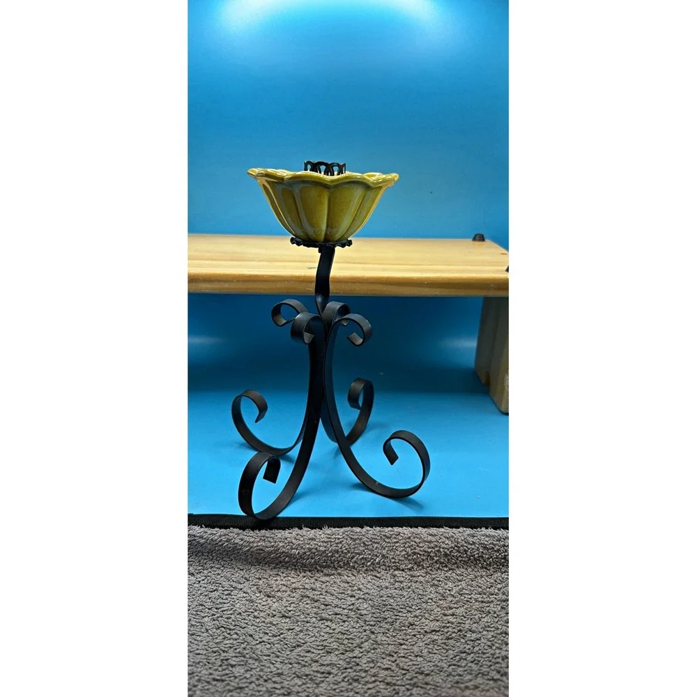Metal Scroll Candle Holder Stand w/ Yellow Glass Bowl, Floral Vintage, Medium